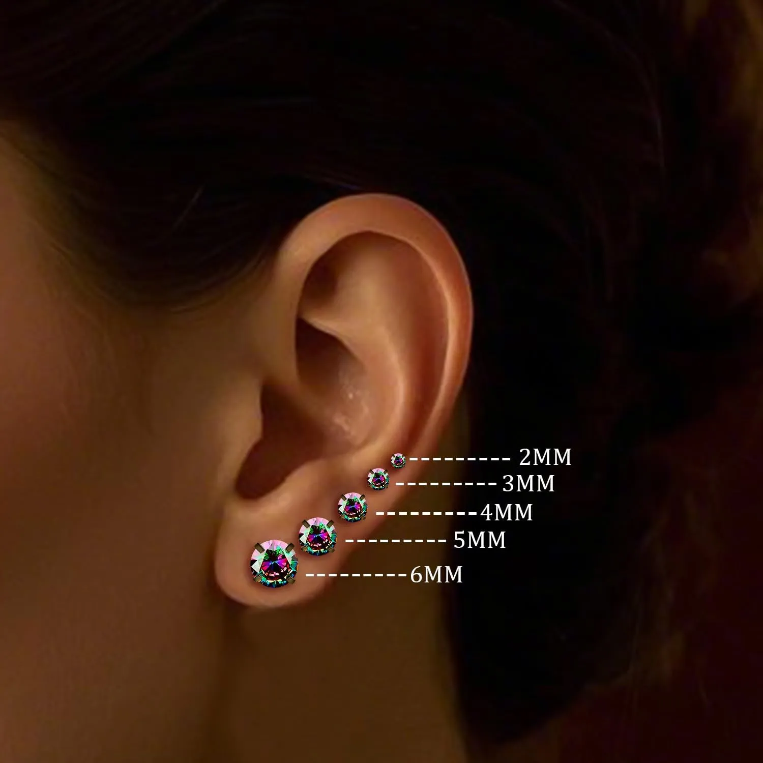 5 Pairs 316L Stainless Steel Screw Flat Back Earrings 2-6mm Cubic Zirconia Stud Earrings Titanium Earrings for Women Men