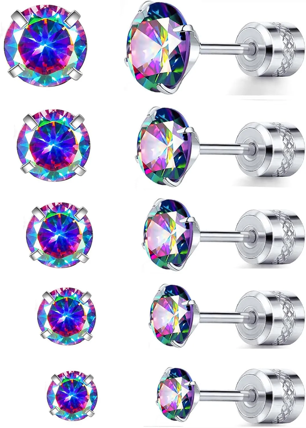 5 Pairs 316L Stainless Steel Screw Flat Back Earrings 2-6mm Cubic Zirconia Stud Earrings Titanium Earrings for Women Men