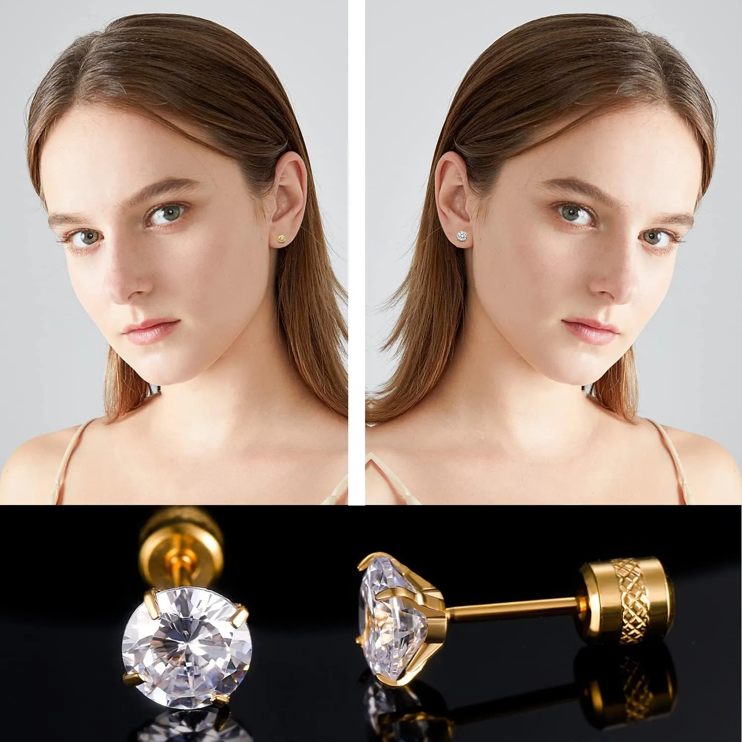 5 Pairs 316L Stainless Steel Screw Flat Back Earrings 2-6mm Cubic Zirconia Stud Earrings Titanium Earrings for Women Men