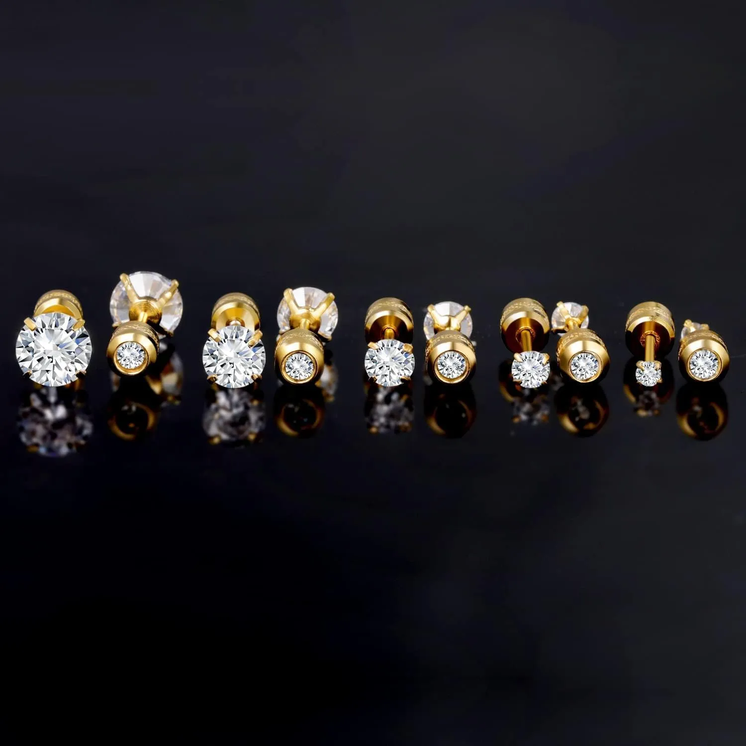 5 Pairs 316L Stainless Steel Screw Flat Back Earrings 2-6mm Cubic Zirconia Stud Earrings Titanium Earrings for Women Men