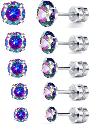 5 Pairs 316L Stainless Steel Screw Flat Back Earrings 2-6mm Cubic Zirconia Stud Earrings Titanium Earrings for Women Men