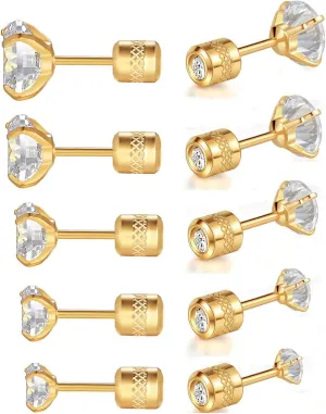 5 Pairs 316L Stainless Steel Screw Flat Back Earrings 2-6mm Cubic Zirconia Stud Earrings Titanium Earrings for Women Men