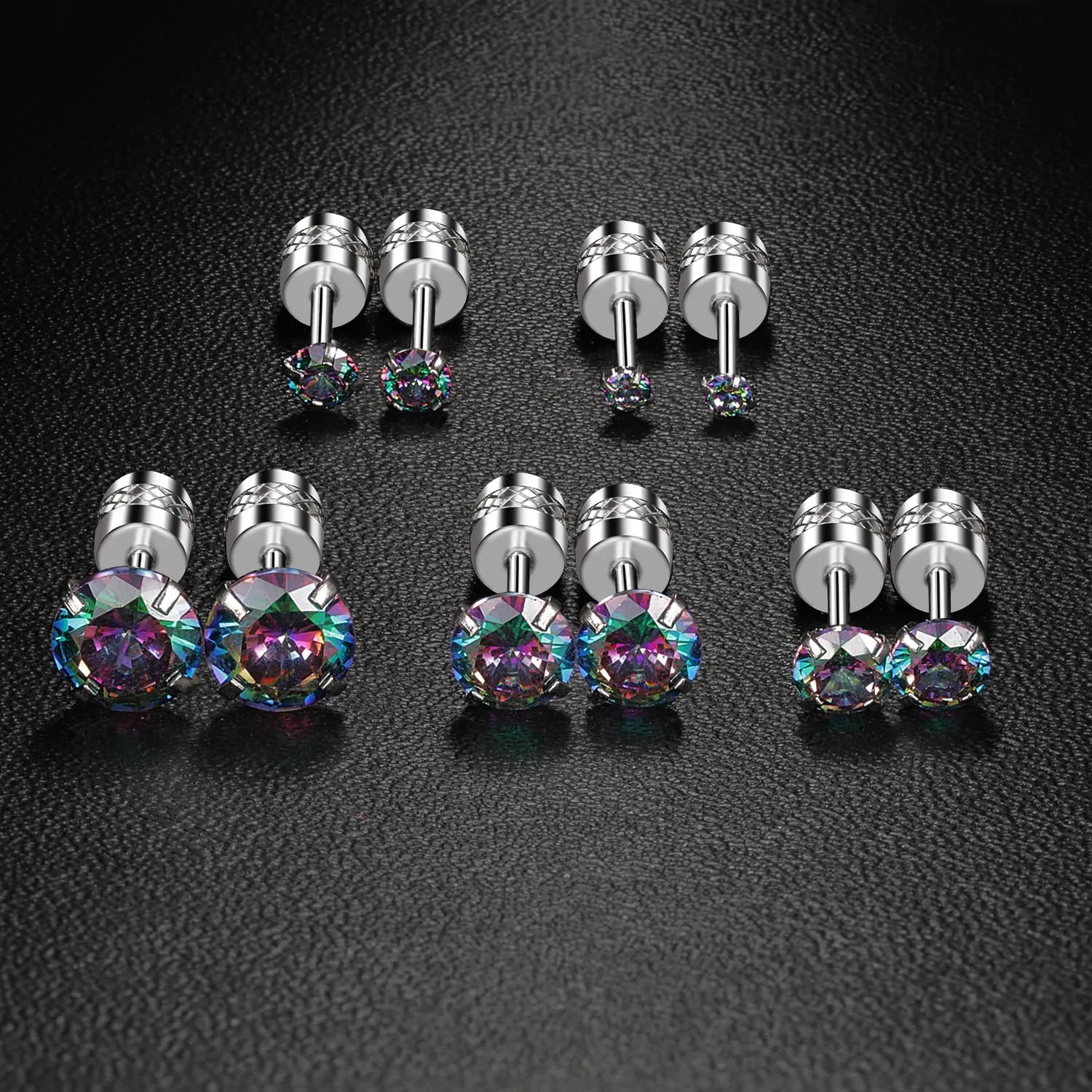 5 Pairs 316L Stainless Steel Screw Flat Back Earrings 2-6mm Cubic Zirconia Stud Earrings Titanium Earrings for Women Men
