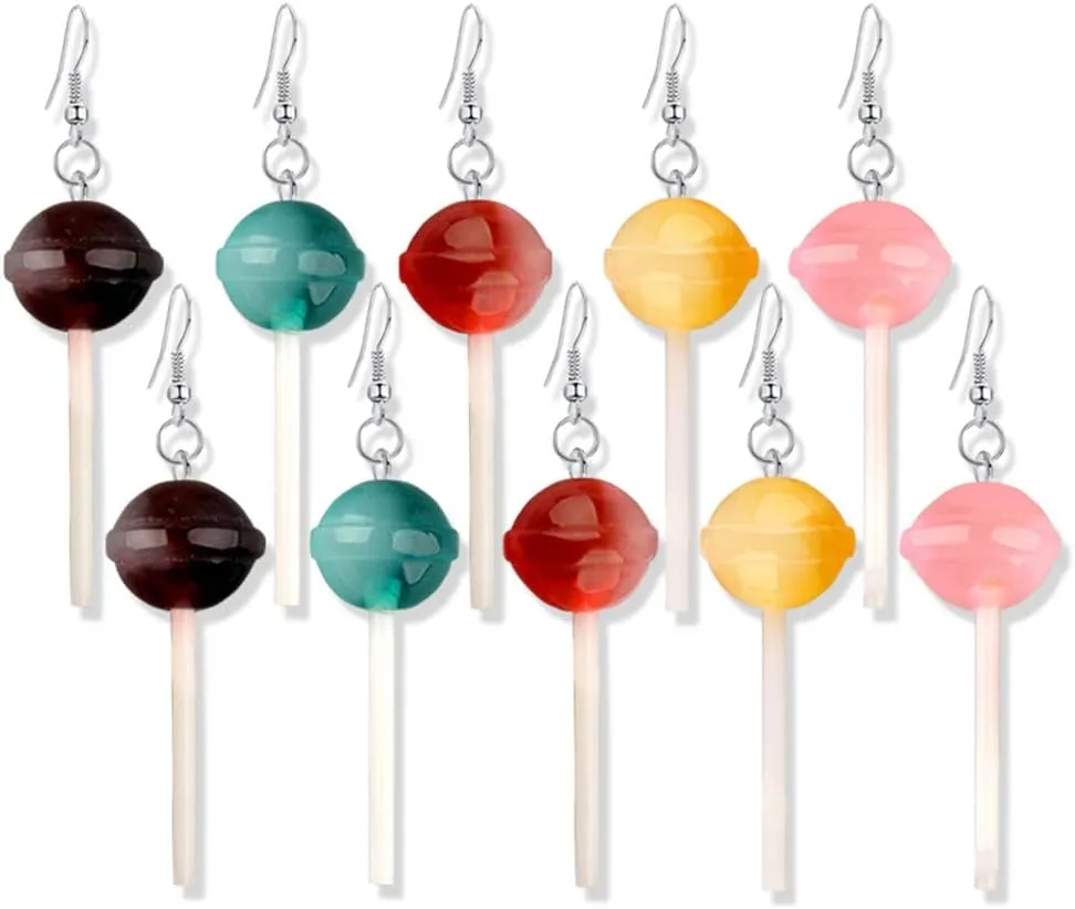 5 Pairs Cute Resin Round Lollipop Drop Earring Handmade Candy Color Simulation Food Dangle Earring for Women Funny Cartoon Friendship Jewelry (Pink Blue Yellow Black Red)