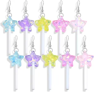 5 Pairs Funny Cute Resin Colorful Star Lollipop Drop Earring Handmade Candy Simulation Food Dangle Earring for Women Girl Exaggerated Trend Style Jewelry