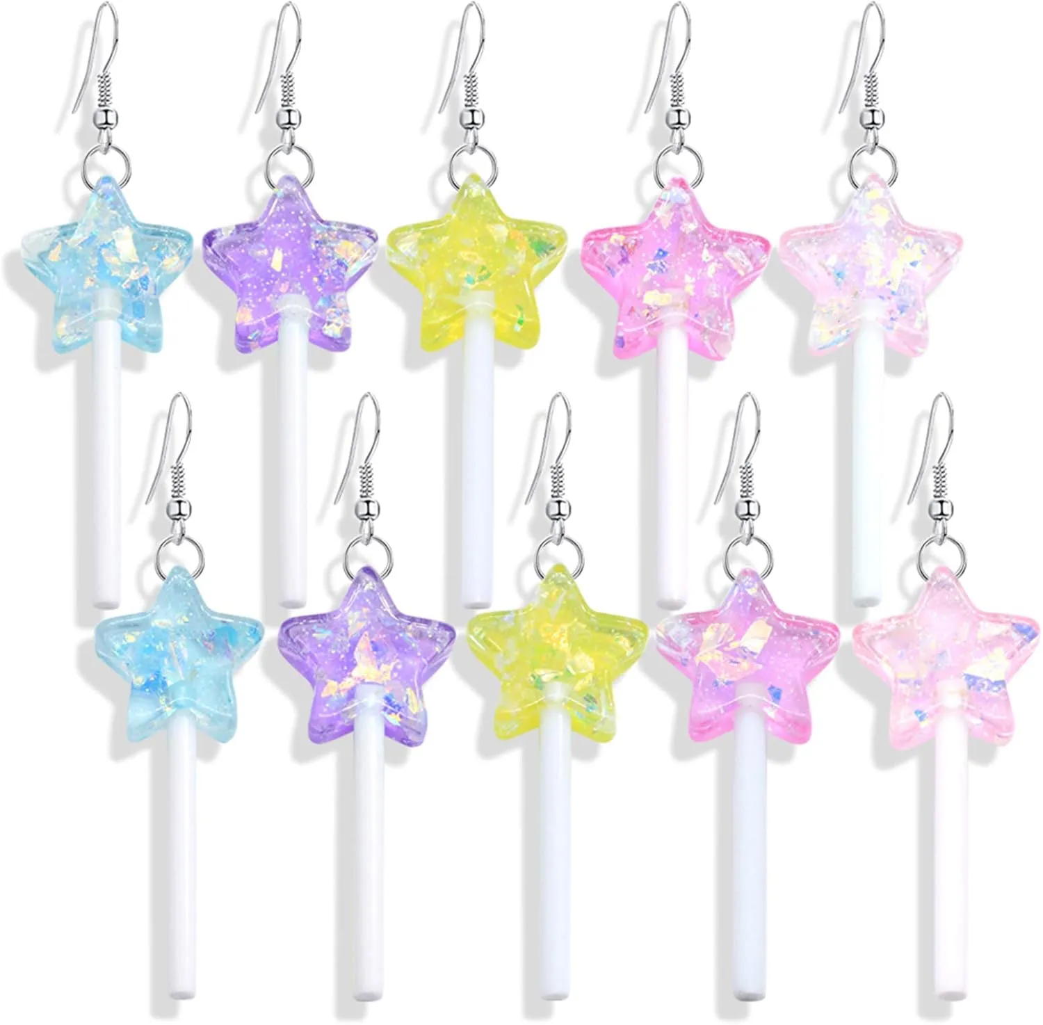 5 Pairs Funny Cute Resin Colorful Star Lollipop Drop Earring Handmade Candy Simulation Food Dangle Earring for Women Girl Exaggerated Trend Style Jewelry