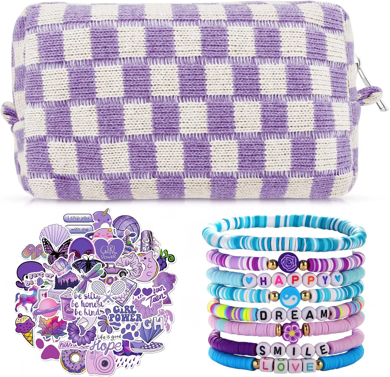 58 Pcs Checkered Makeup Bag Set Preppy Aesthetic Cosmetic Bag Travel Makeup Pouch Toiletry Bag 7 Pcs Heishi Surfer Bracelets with 50 Pcs Cute Preppy Stickers for Women Girls Teens Gift
