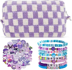58 Pcs Checkered Makeup Bag Set Preppy Aesthetic Cosmetic Bag Travel Makeup Pouch Toiletry Bag 7 Pcs Heishi Surfer Bracelets with 50 Pcs Cute Preppy Stickers for Women Girls Teens Gift