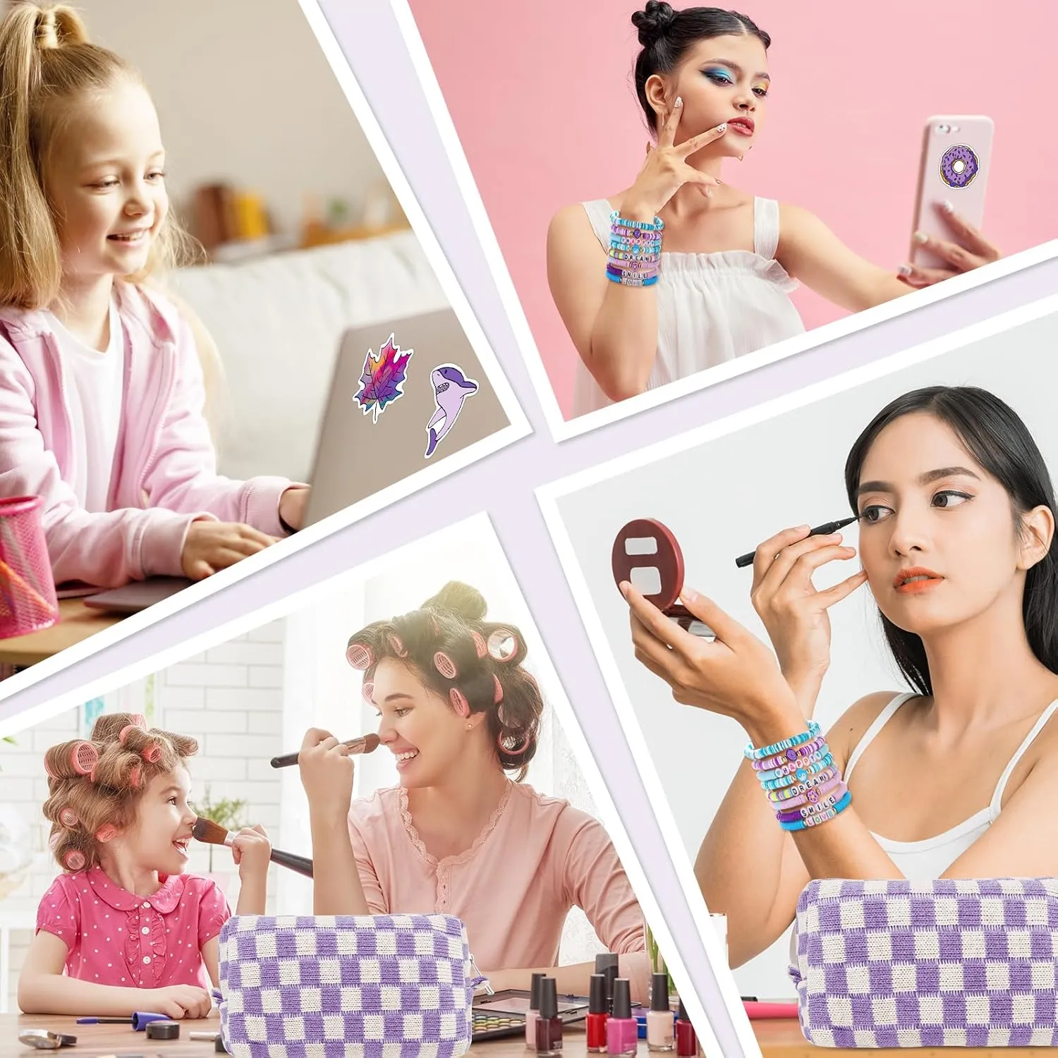 58 Pcs Checkered Makeup Bag Set Preppy Aesthetic Cosmetic Bag Travel Makeup Pouch Toiletry Bag 7 Pcs Heishi Surfer Bracelets with 50 Pcs Cute Preppy Stickers for Women Girls Teens Gift