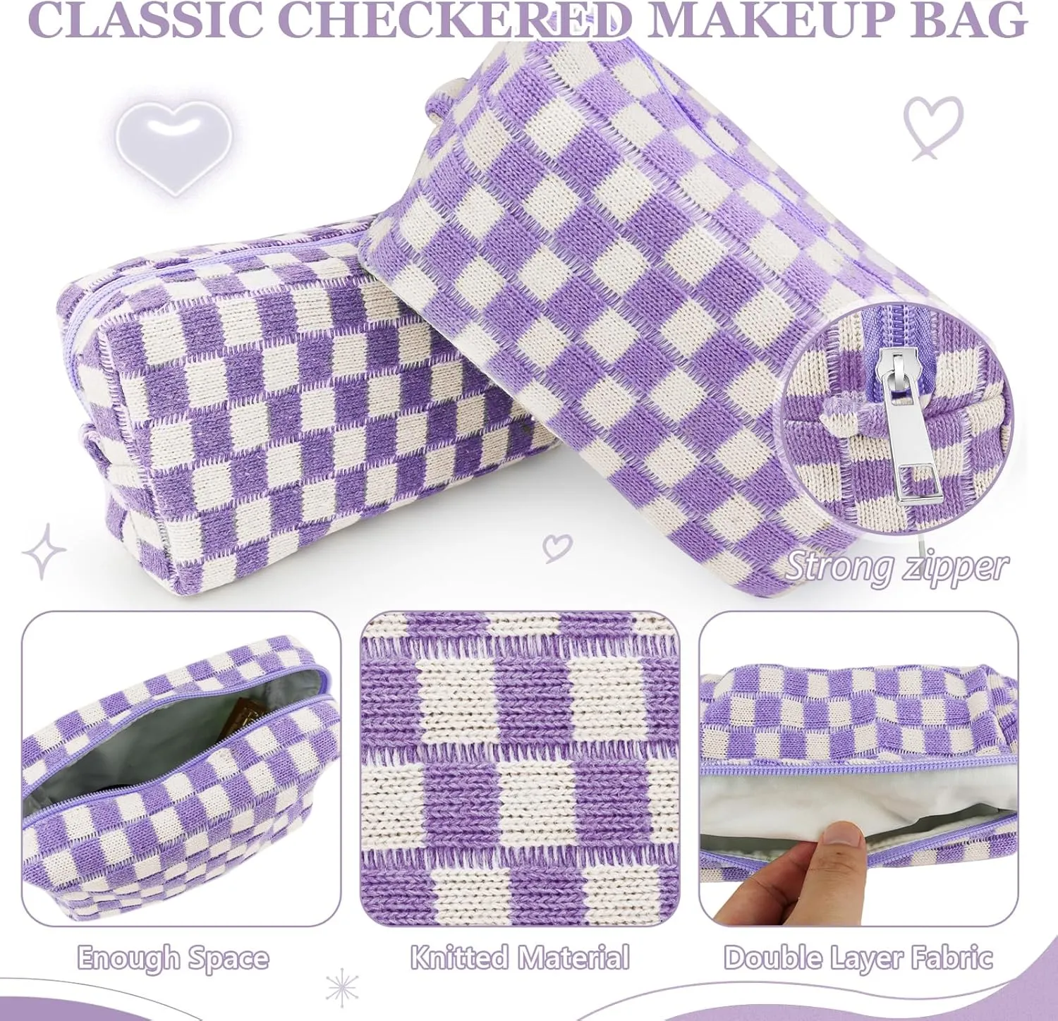58 Pcs Checkered Makeup Bag Set Preppy Aesthetic Cosmetic Bag Travel Makeup Pouch Toiletry Bag 7 Pcs Heishi Surfer Bracelets with 50 Pcs Cute Preppy Stickers for Women Girls Teens Gift