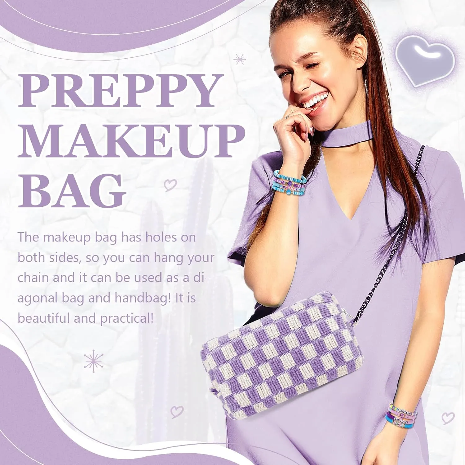 58 Pcs Checkered Makeup Bag Set Preppy Aesthetic Cosmetic Bag Travel Makeup Pouch Toiletry Bag 7 Pcs Heishi Surfer Bracelets with 50 Pcs Cute Preppy Stickers for Women Girls Teens Gift