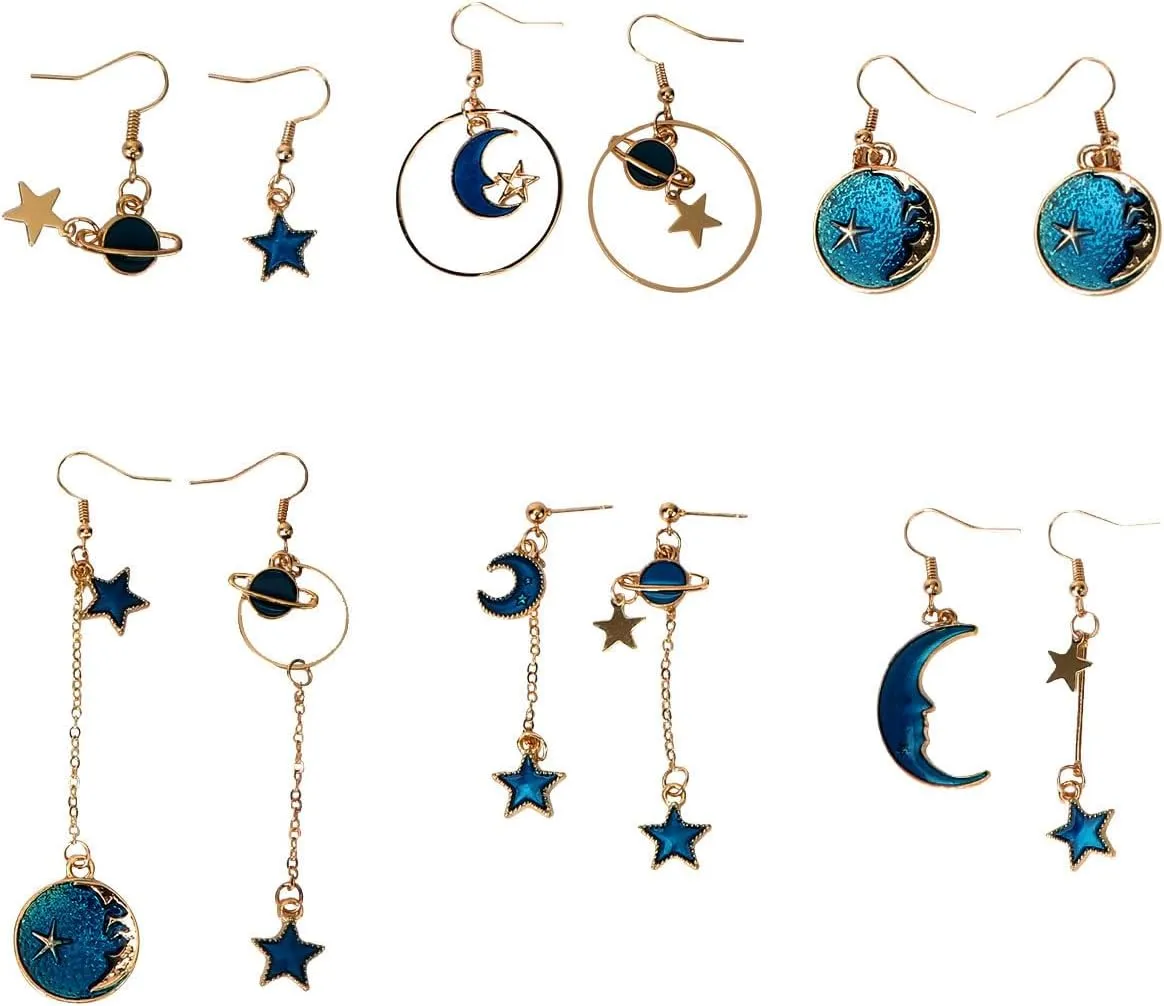6Pairs Star Earrings for Women Blue Tassel Earrings Set Irregular Ear Pendant Fashion Ear Studs Moon Star Fairy Earrings Jewelry