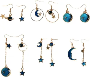 6Pairs Star Earrings for Women Blue Tassel Earrings Set Irregular Ear Pendant Fashion Ear Studs Moon Star Fairy Earrings Jewelry
