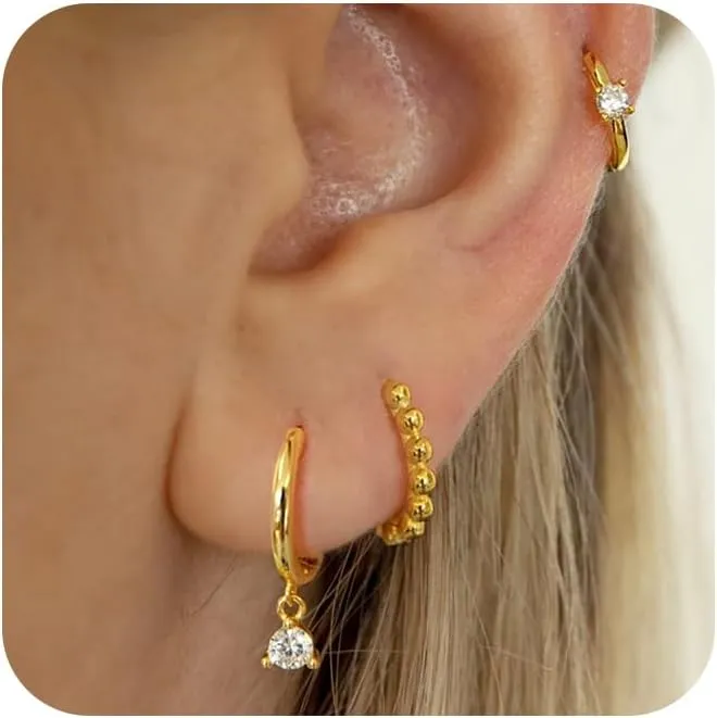 6PCS Gold Earrings for Women, 14k Gold Plated Earrings for Women Trendy Cubic Zirconia Cartilage Pearl Hoop Earring Lightweight Hypoallergenic Piercing Flat Back Hoops Stud Earring Set Jewelry Gift