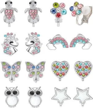 8 Pairs Clip on/Stud Earrings for Girls kids Toddler Hypoallergenic Cute Clip-on Earrings for Childrens Teen Unicorn Butterfly Turtle Clip Stud Earrings Multiple Jewelry Gift 3 Years Old 