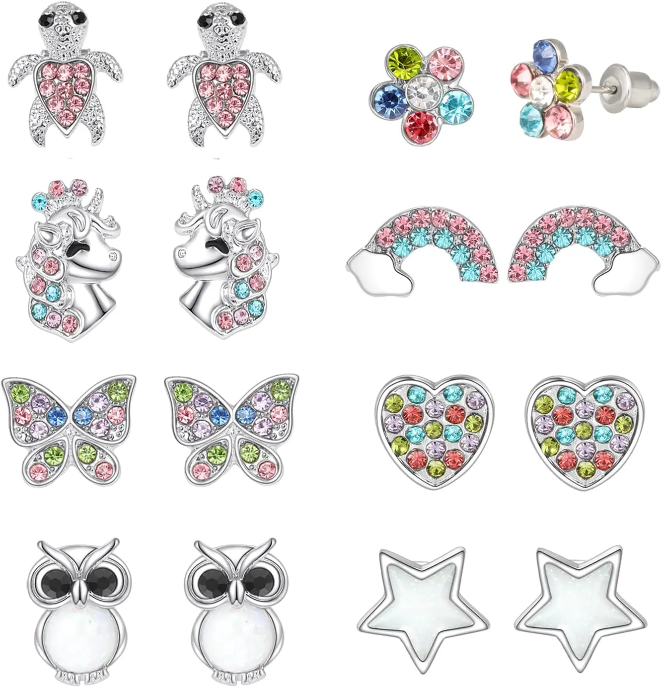 8 Pairs Clip on/Stud Earrings for Girls kids Toddler Hypoallergenic Cute Clip-on Earrings for Childrens Teen Unicorn Butterfly Turtle Clip Stud Earrings Multiple Jewelry Gift 3 Years Old 