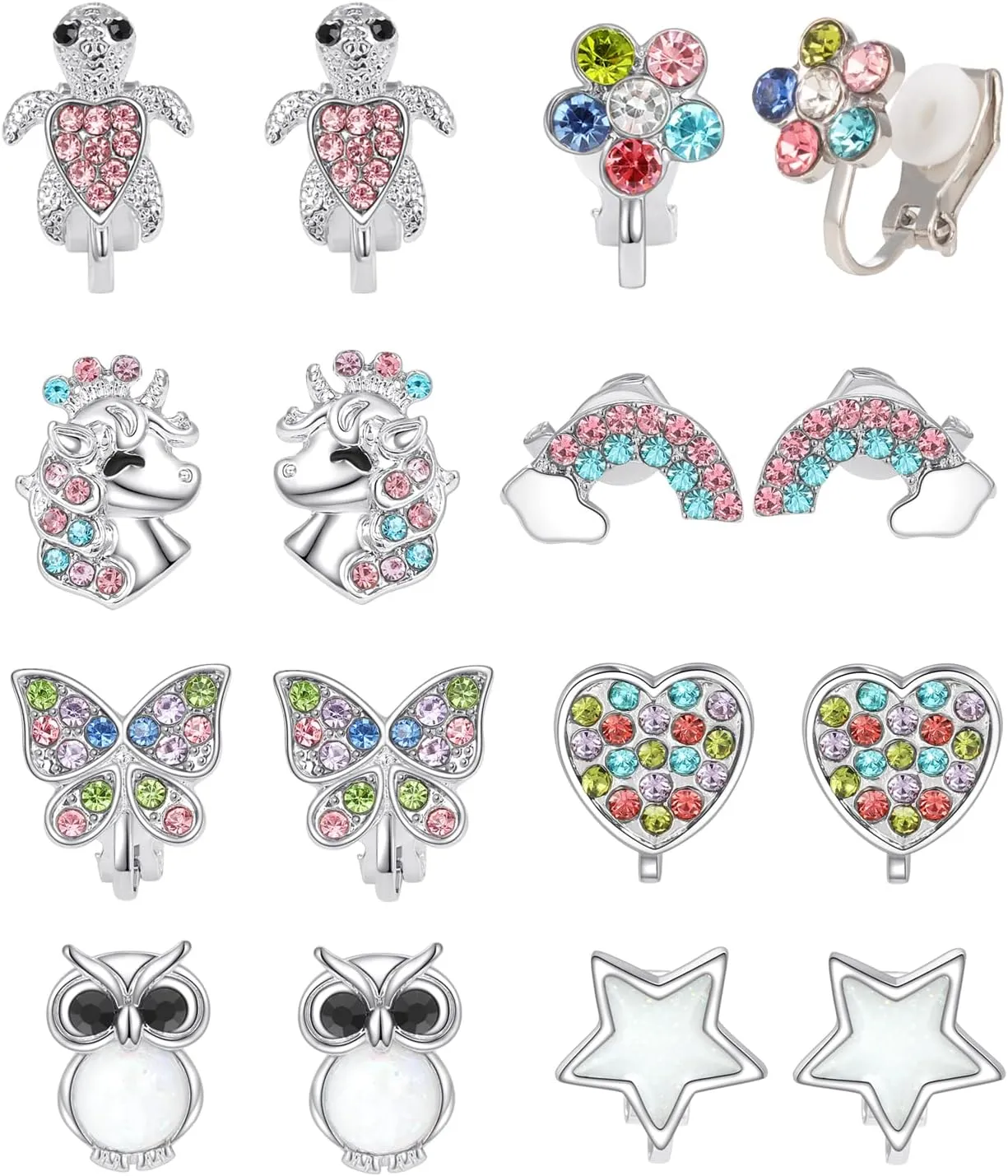 8 Pairs Clip on/Stud Earrings for Girls kids Toddler Hypoallergenic Cute Clip-on Earrings for Childrens Teen Unicorn Butterfly Turtle Clip Stud Earrings Multiple Jewelry Gift 3 Years Old 