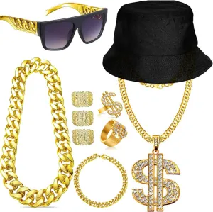 80s 90s Hip Hop Costume Accessories Kit for Men Women, Rapper Fake Gold Dollar Sign Jewelry Chain