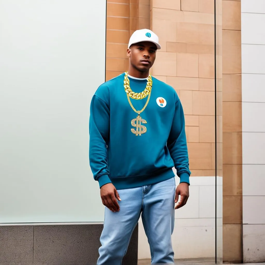 80s 90s Hip Hop Costume Accessories Kit for Men Women, Rapper Fake Gold Dollar Sign Jewelry Chain