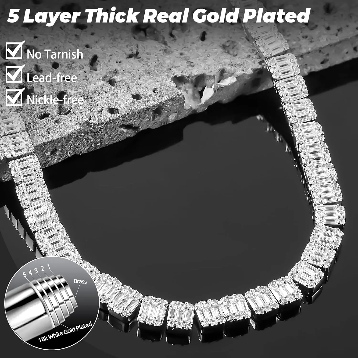 8MM Baguette Tennis Chain for Men Women, AAAAA  Cubic Zirconia Tennis Necklaces 18k Gold Plated Simulated Diamond Chains Full CZ Iced Out Hip Hop Bling Link Charm Choker Cuban Miami Men's Jewelry 18/20inch