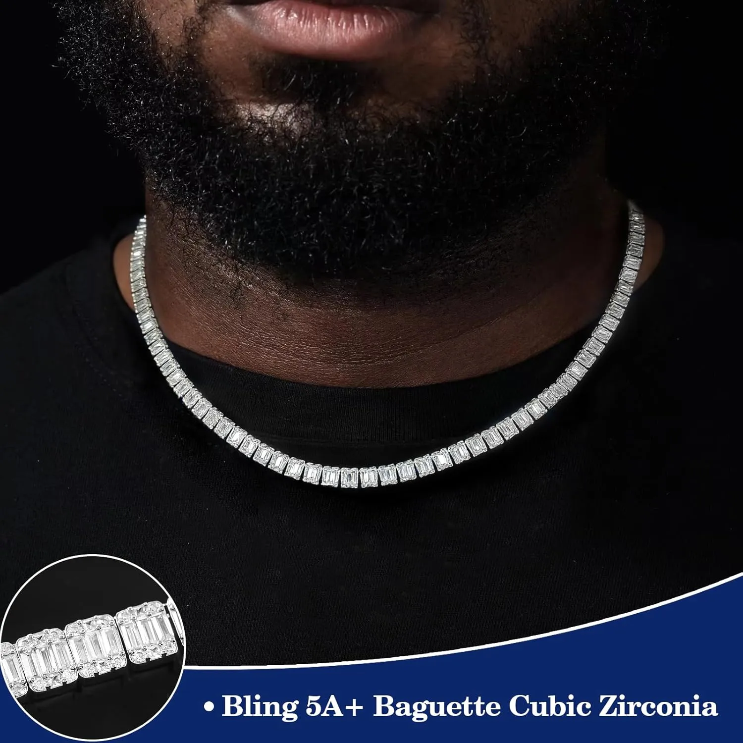 8MM Baguette Tennis Chain for Men Women, AAAAA  Cubic Zirconia Tennis Necklaces 18k Gold Plated Simulated Diamond Chains Full CZ Iced Out Hip Hop Bling Link Charm Choker Cuban Miami Men's Jewelry 18/20inch