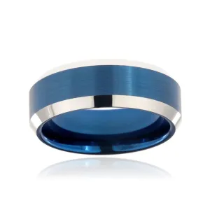 8mm Heavy Tungsten Carbide Men's Ring, Brush Finish Blue Anodizing And High Polished Beveled Edges - FREE Personalization