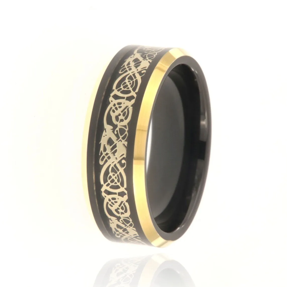 8mm Heavy Tungsten Carbide Men's Ring, Yellow & Black Celtic Earth Design, Two Tone High Polished - FREE Personalization