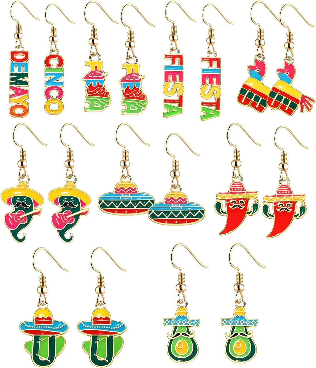 9-12 Pairs Cinco De Mayo Earrings Colorful Fiesta Drop Earrings Enamel Mexican Earrings for Women Girls Fiesta Hat Avocado Chili Earrings for Mexico Carnivals Party Jewelry Gift