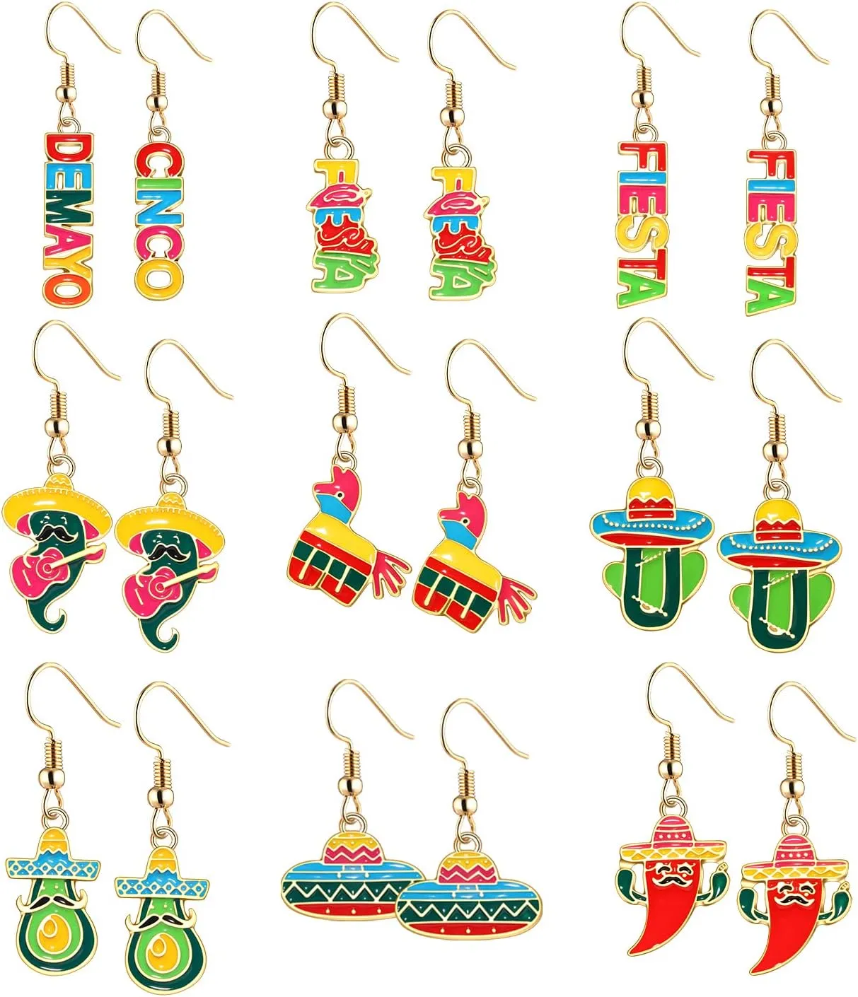 9-12 Pairs Cinco De Mayo Earrings Colorful Fiesta Drop Earrings Enamel Mexican Earrings for Women Girls Fiesta Hat Avocado Chili Earrings for Mexico Carnivals Party Jewelry Gift