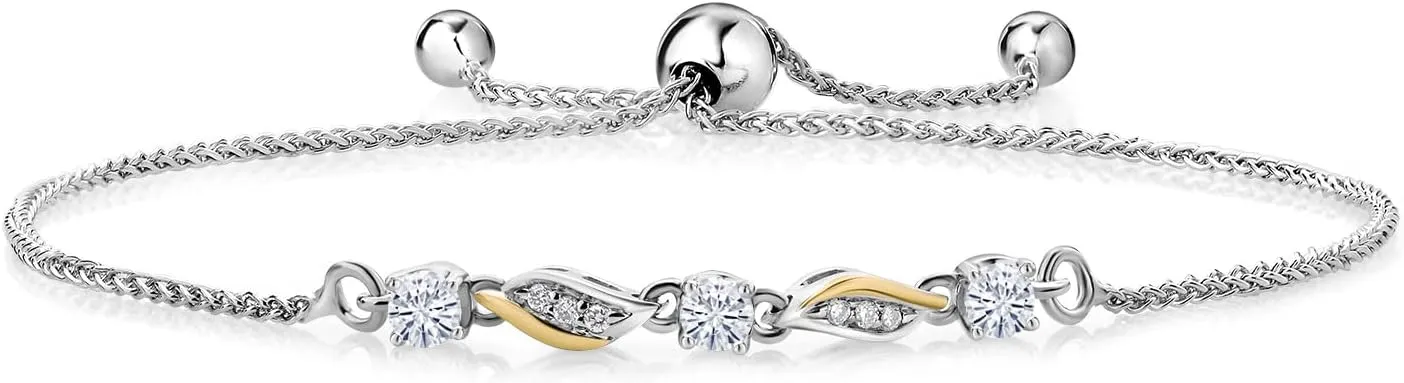 925 Silver and 10K Yellow Gold Gemstone Birthstone and Lab Grown Diamond 3-Stone Bracelet for Women | Round 3MM Center Stones with 1.1MM Accents | Two-Tone Adjustable Tennis Bracelet Up to 9 Inch