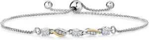 925 Silver and 10K Yellow Gold Gemstone Birthstone and Lab Grown Diamond 3-Stone Bracelet for Women | Round 3MM Center Stones with 1.1MM Accents | Two-Tone Adjustable Tennis Bracelet Up to 9 Inch