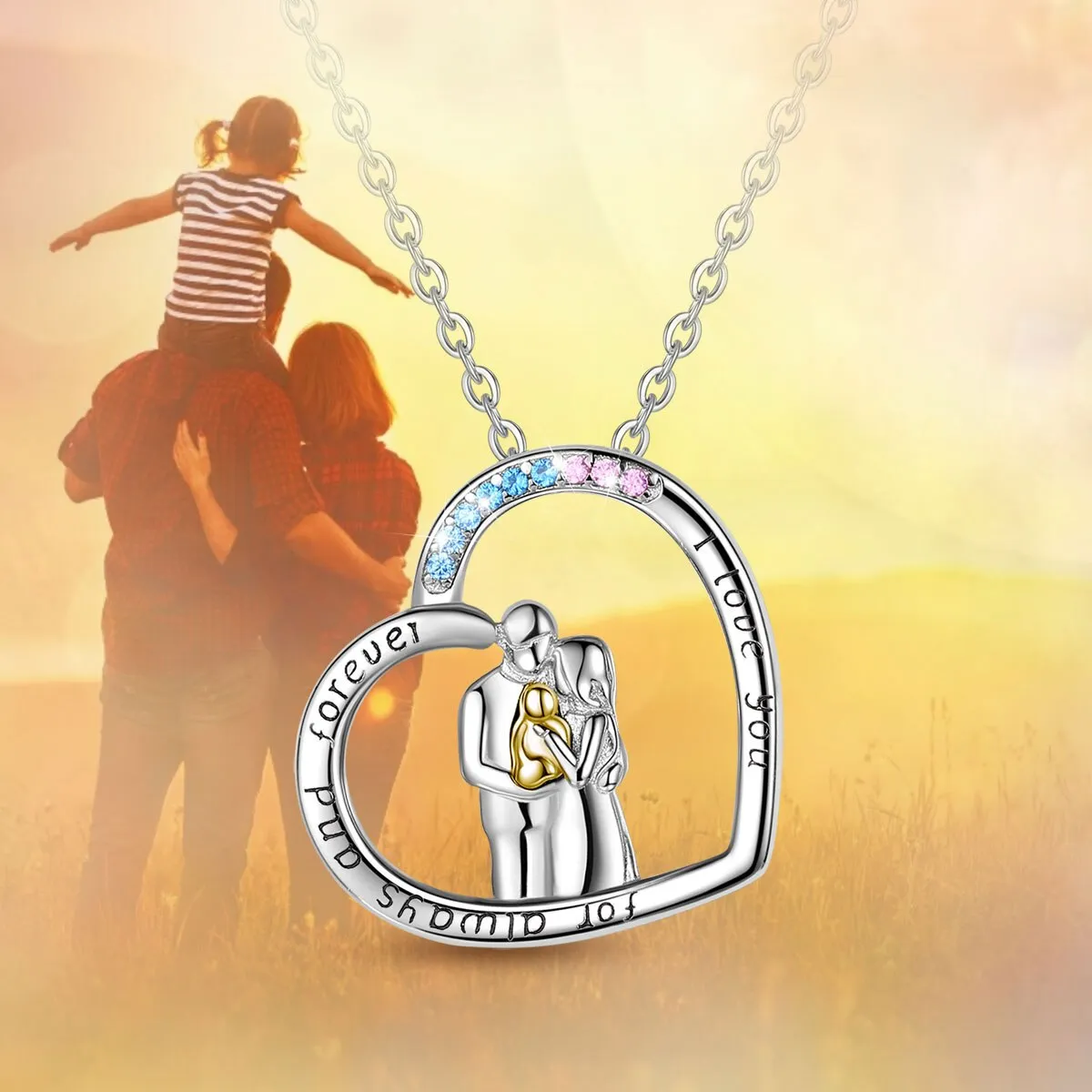 925 Silver Mom Dad Baby Gold Pendant Family Embraces Necklace