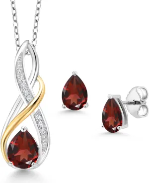 925 Sterling Silver and 10K Yellow Gold Pear Shape Red Garnet and White Lab Grown Diamond Pendant and Earrings Jewelry Set For Women (2.89 Cttw, Gemstone January Birthstone, with 18 Inch Chain)