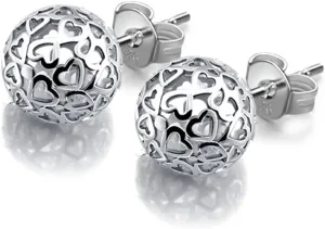 925 Sterling Silver Ball Stud Earrings - 0.28'' Heart Pattern Earrings For Women - 24K Gold Plated Round Earrings Fine Jewelry