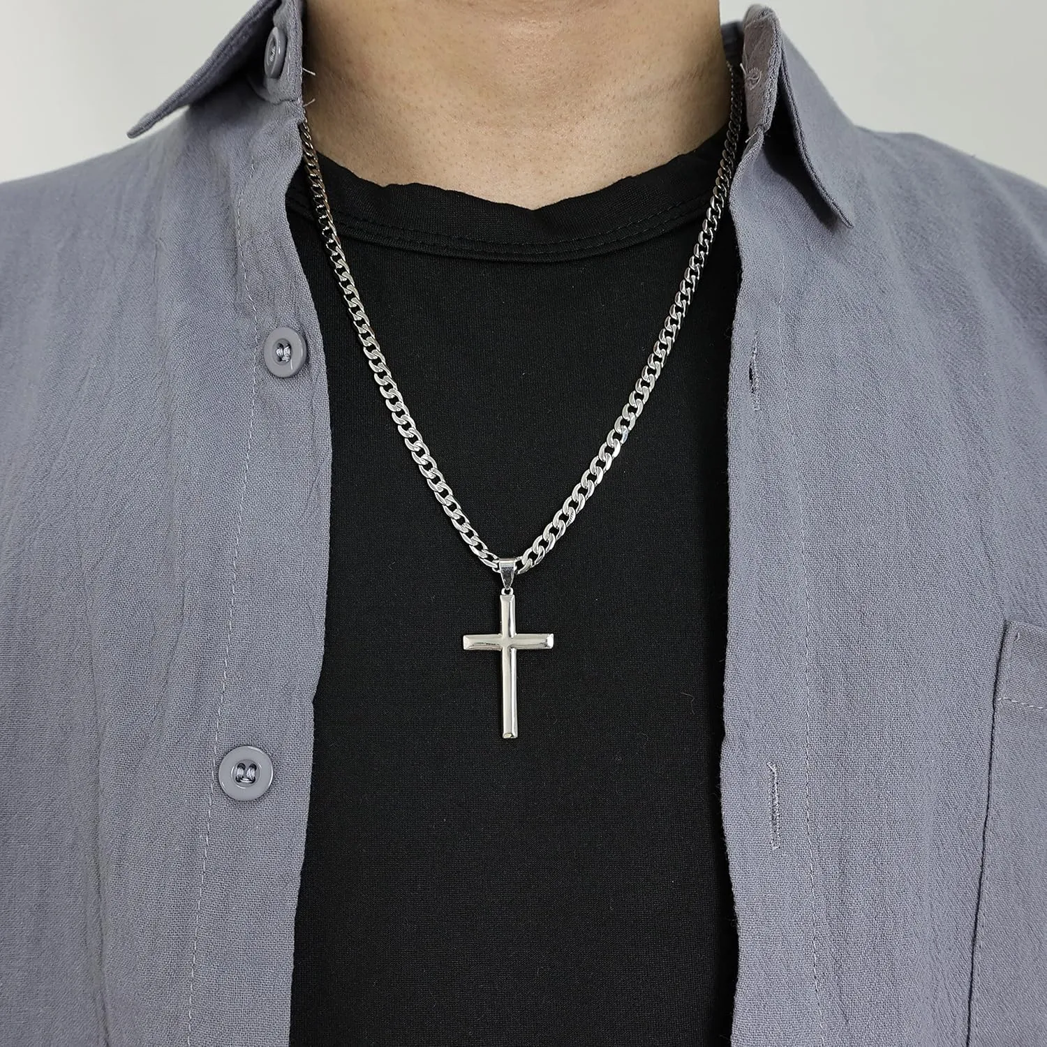 925 Sterling Silver Cross Necklace for Men Women 4.5mm Stainless Steel Highly Polished Cuban Link Chain Beveled Edge Crucifix Cross Pendant Necklace 16-28 Inches