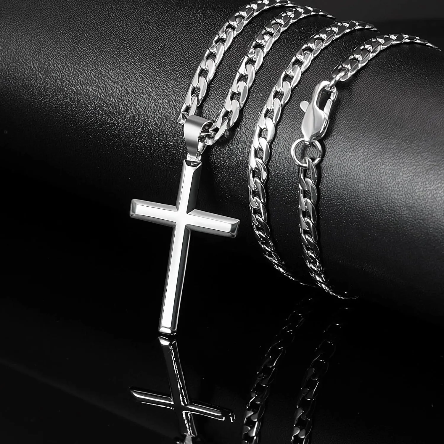 925 Sterling Silver Cross Necklace for Men Women 4.5mm Stainless Steel Highly Polished Cuban Link Chain Beveled Edge Crucifix Cross Pendant Necklace 16-28 Inches
