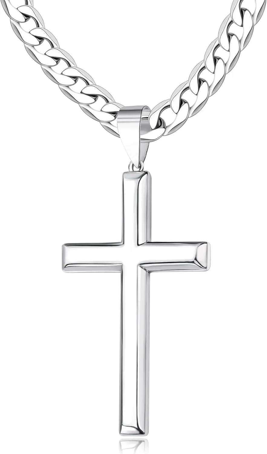 925 Sterling Silver Cross Necklace for Men Women 4.5mm Stainless Steel Highly Polished Cuban Link Chain Beveled Edge Crucifix Cross Pendant Necklace 16-28 Inches
