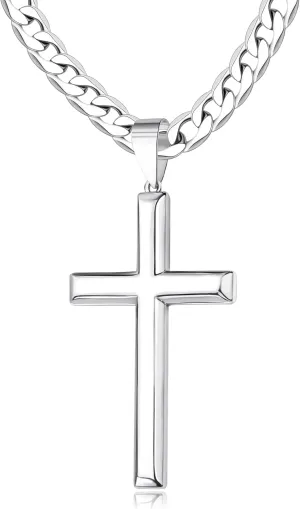 925 Sterling Silver Cross Necklace for Men Women 4.5mm Stainless Steel Highly Polished Cuban Link Chain Beveled Edge Crucifix Cross Pendant Necklace 16-28 Inches