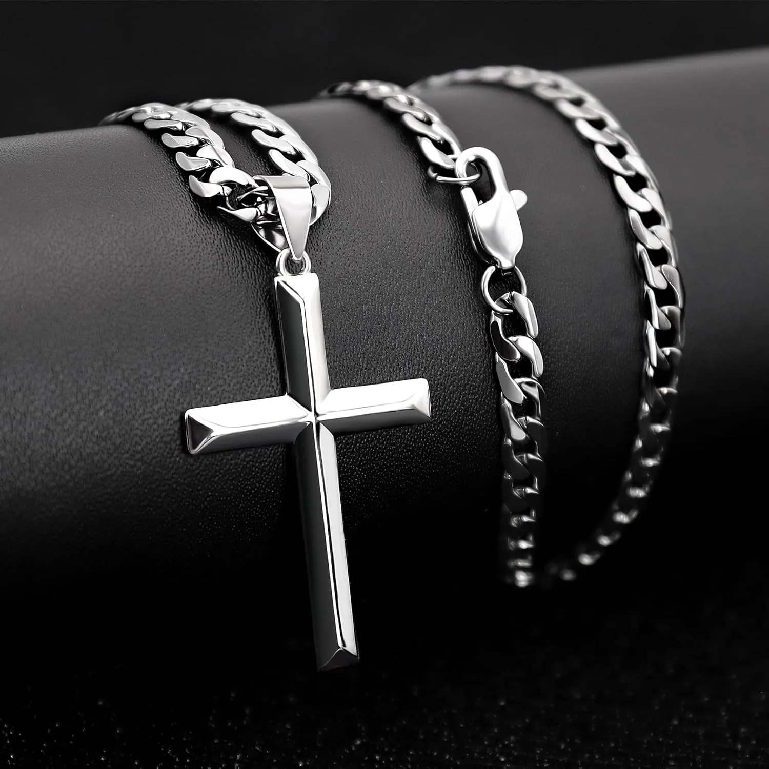 925 Sterling Silver Cross Necklace for Men Women with Stainless Steel Durable Cuban Link Chain Polished Beveled Edge Cross Chain Pendant Necklace Jewelry 16-28 Inches