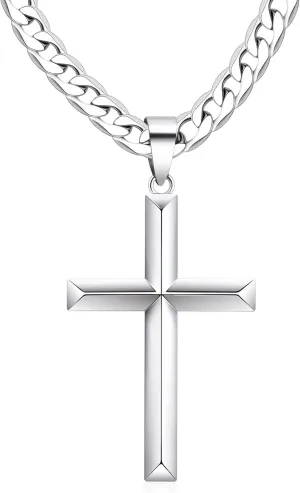 925 Sterling Silver Cross Necklace for Men Women with Stainless Steel Durable Cuban Link Chain Polished Beveled Edge Cross Chain Pendant Necklace Jewelry 16-28 Inches