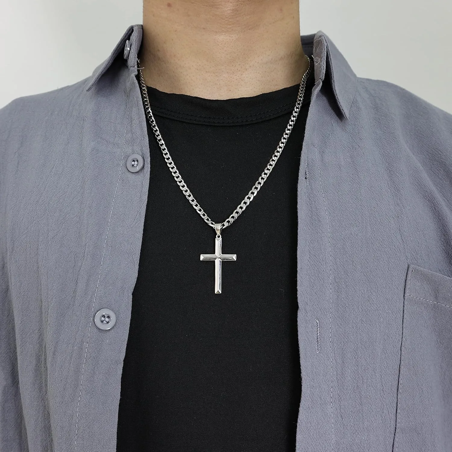 925 Sterling Silver Cross Necklace for Men Women with Stainless Steel Durable Cuban Link Chain Polished Beveled Edge Cross Chain Pendant Necklace Jewelry 16-28 Inches
