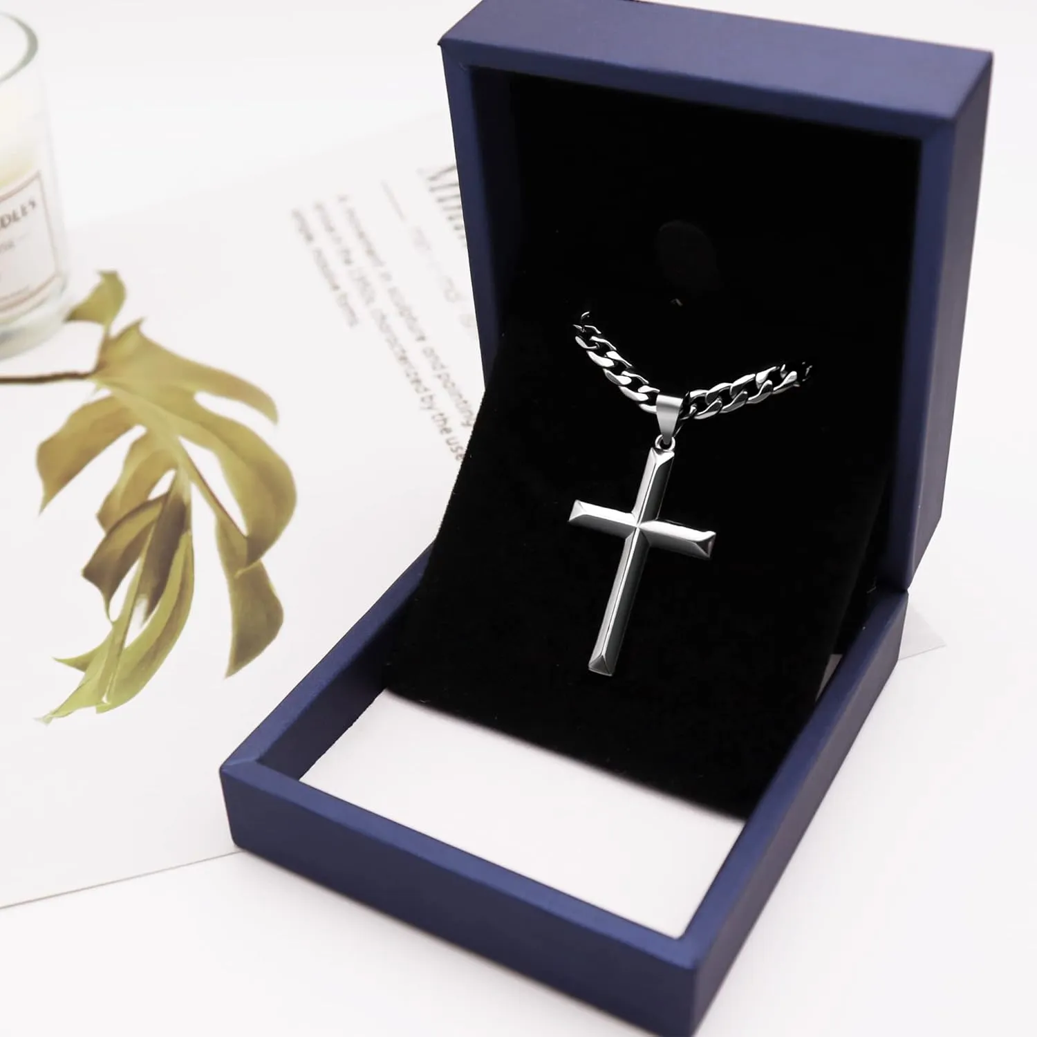 925 Sterling Silver Cross Necklace for Men Women with Stainless Steel Durable Cuban Link Chain Polished Beveled Edge Cross Chain Pendant Necklace Jewelry 16-28 Inches