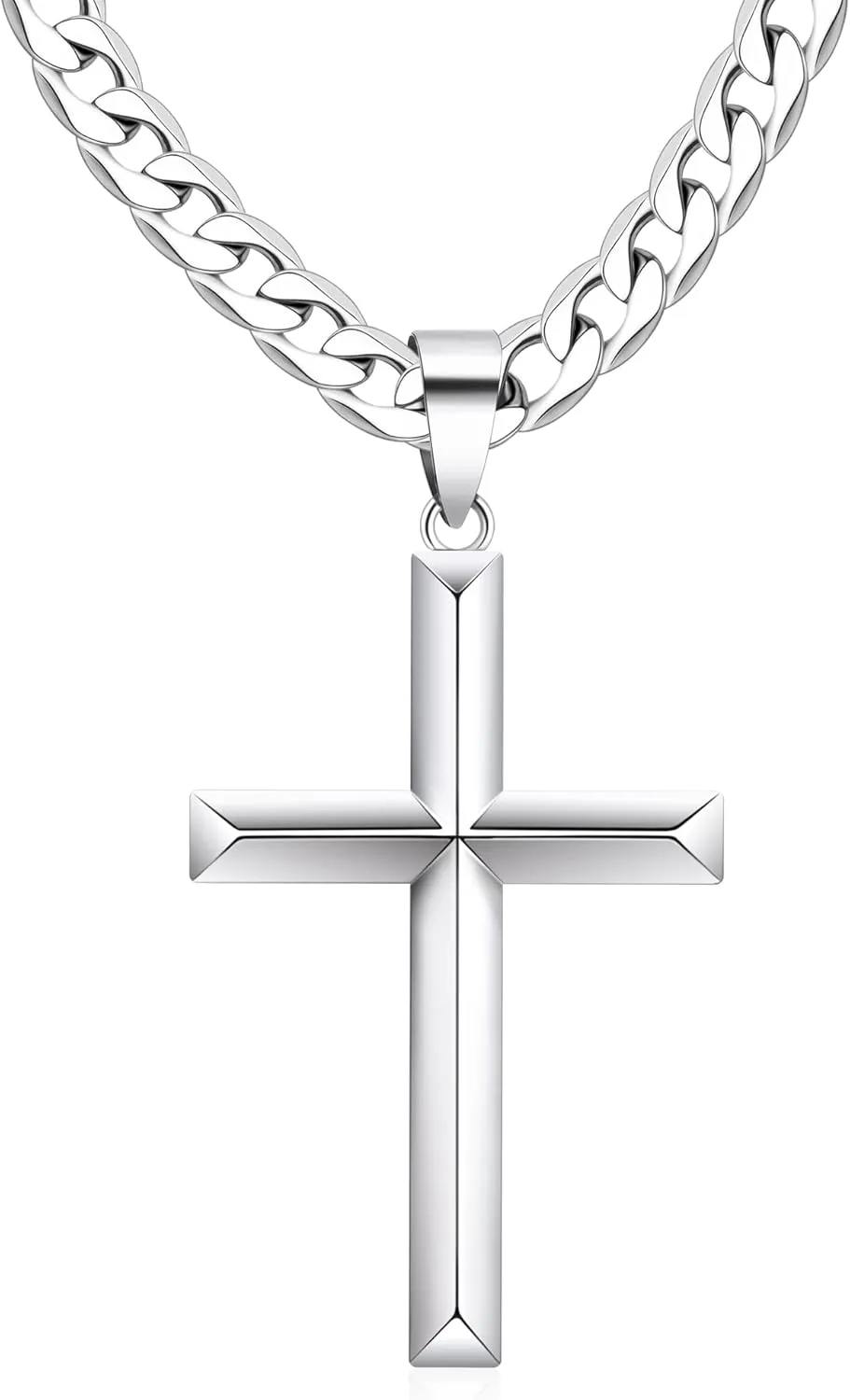 925 Sterling Silver Cross Necklace for Men Women with Stainless Steel Durable Cuban Link Chain Polished Beveled Edge Cross Chain Pendant Necklace Jewelry 16-28 Inches