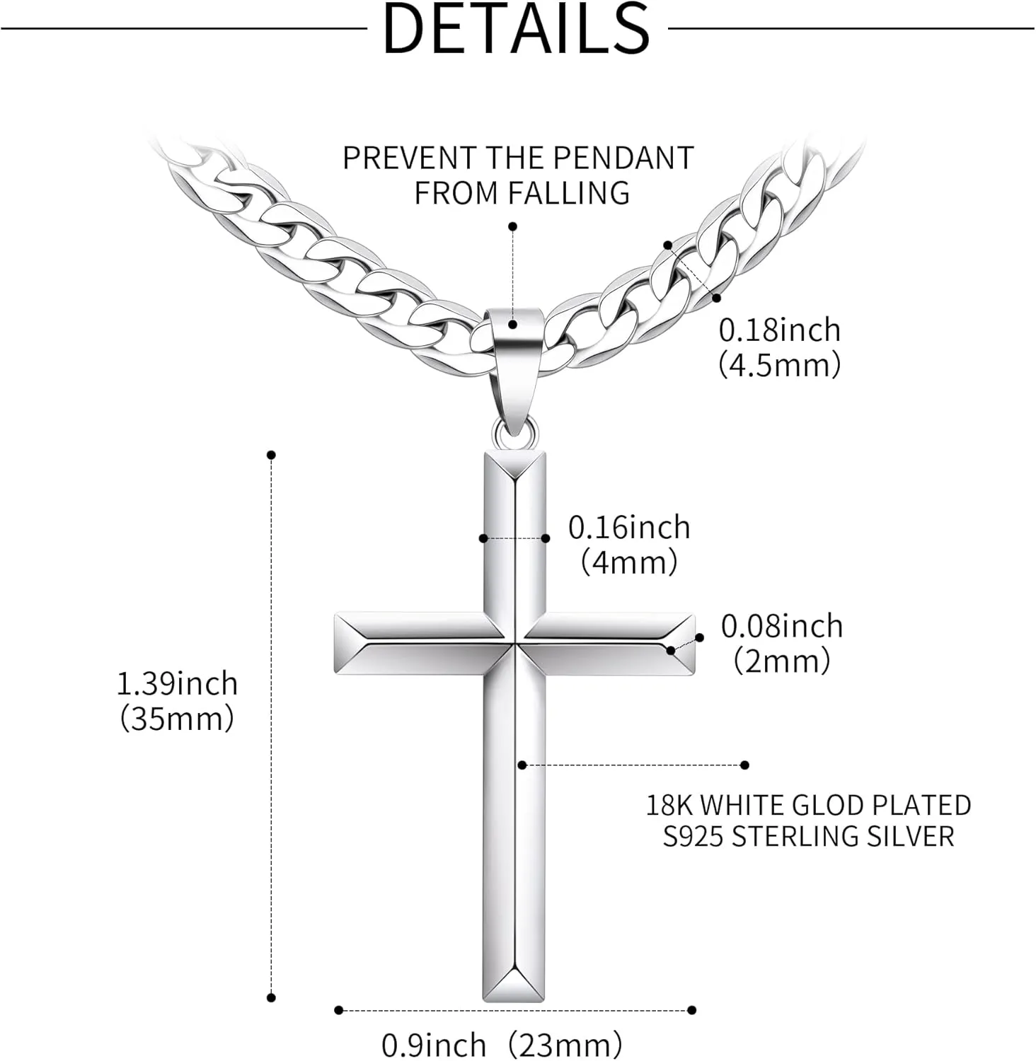 925 Sterling Silver Cross Necklace for Men Women with Stainless Steel Durable Cuban Link Chain Polished Beveled Edge Cross Chain Pendant Necklace Jewelry 16-28 Inches