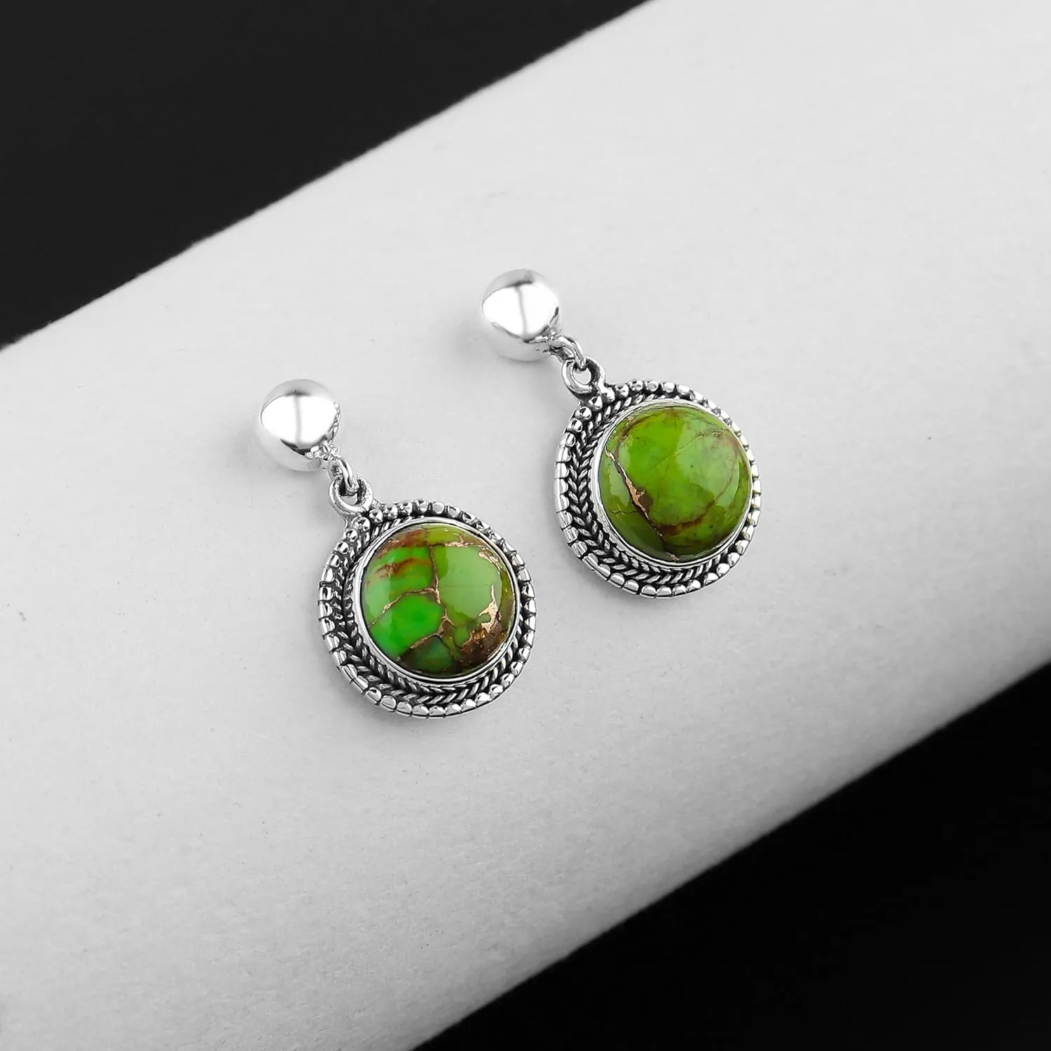 925 Sterling Silver Designer Studs, Genuine Green Turquoise Gemstone, Handmade Fashion Women Earrings, Gifts