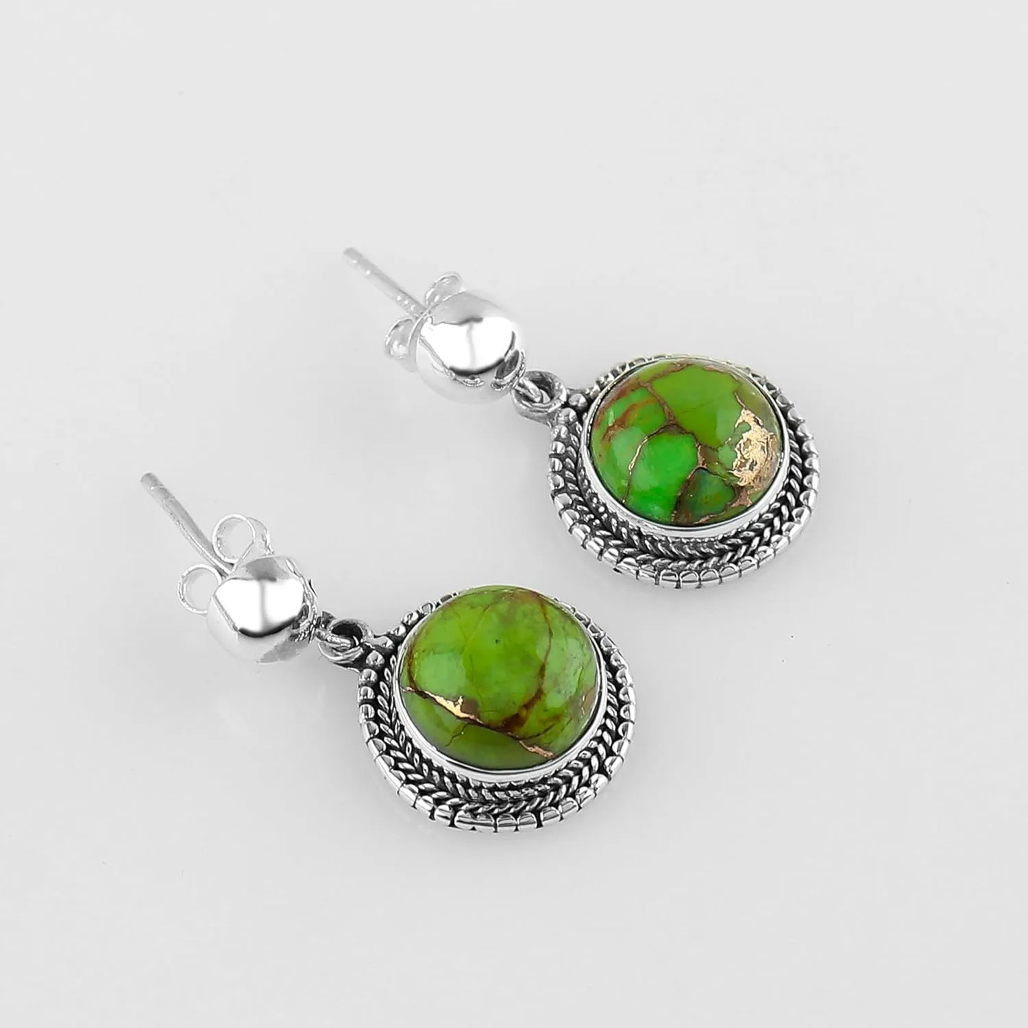 925 Sterling Silver Designer Studs, Genuine Green Turquoise Gemstone, Handmade Fashion Women Earrings, Gifts