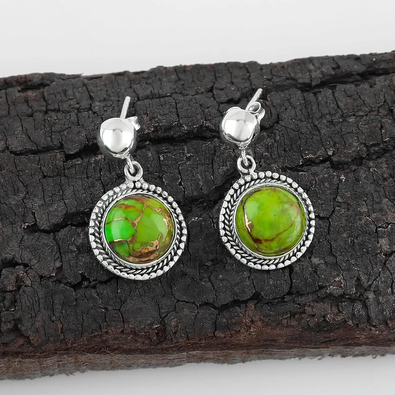 925 Sterling Silver Designer Studs, Genuine Green Turquoise Gemstone, Handmade Fashion Women Earrings, Gifts