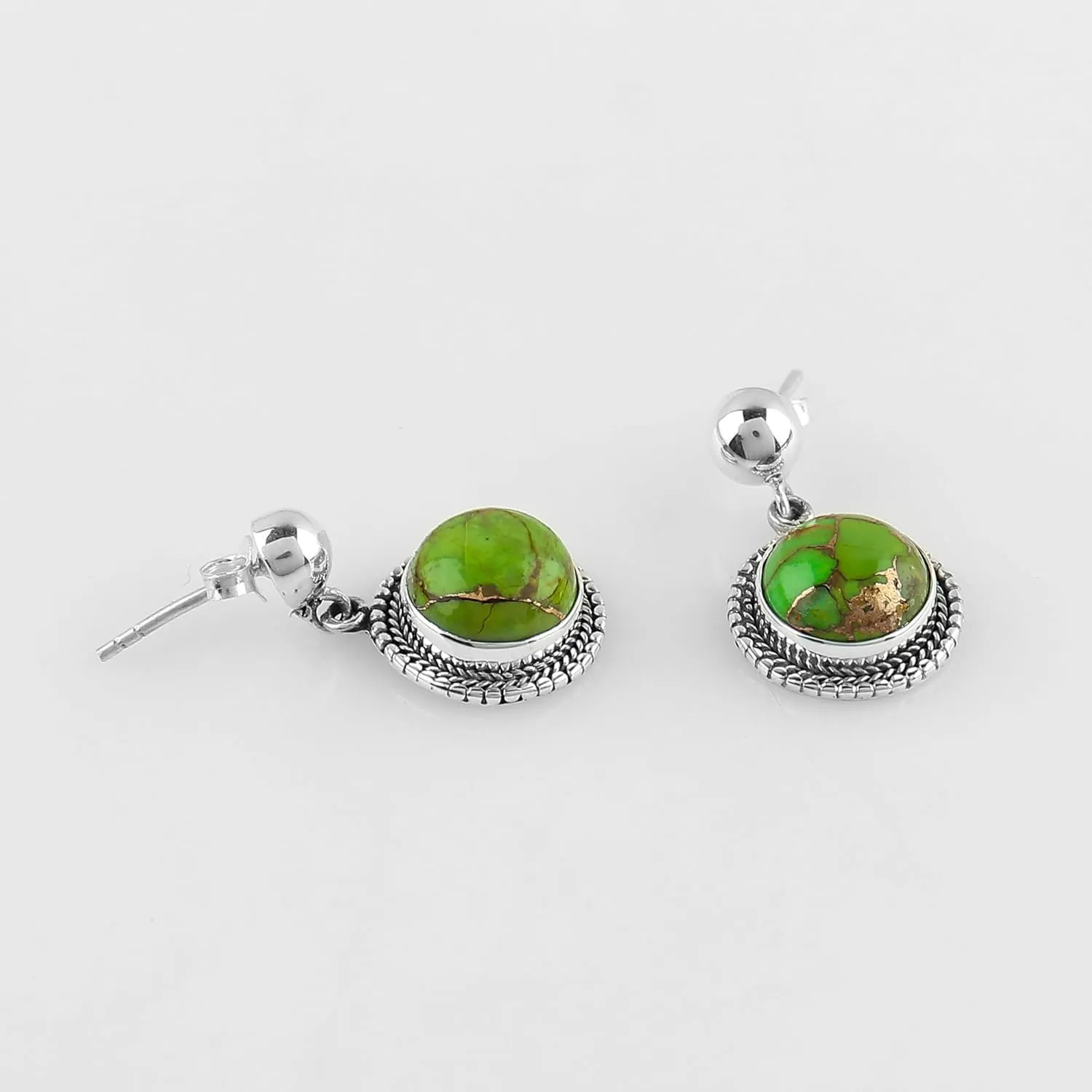 925 Sterling Silver Designer Studs, Genuine Green Turquoise Gemstone, Handmade Fashion Women Earrings, Gifts