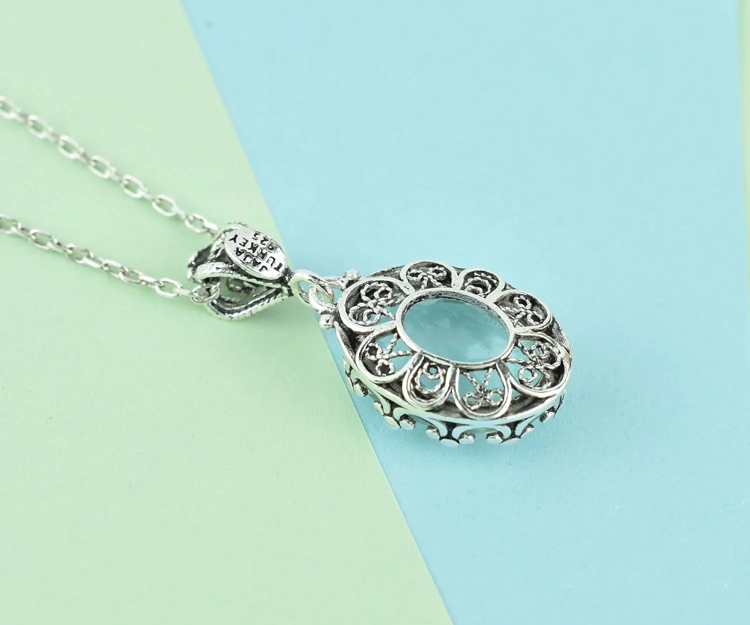 925 Sterling Silver Handcrafted Filigree Art Crown Design Gemstone Woman Pendant Necklace