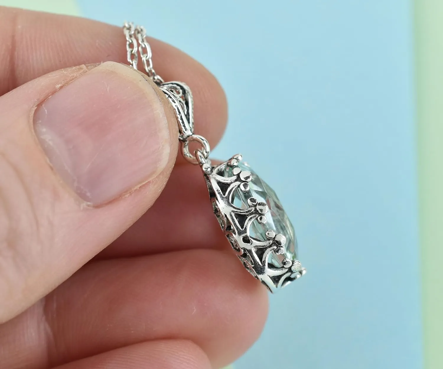 925 Sterling Silver Handcrafted Filigree Art Crown Design Gemstone Woman Pendant Necklace
